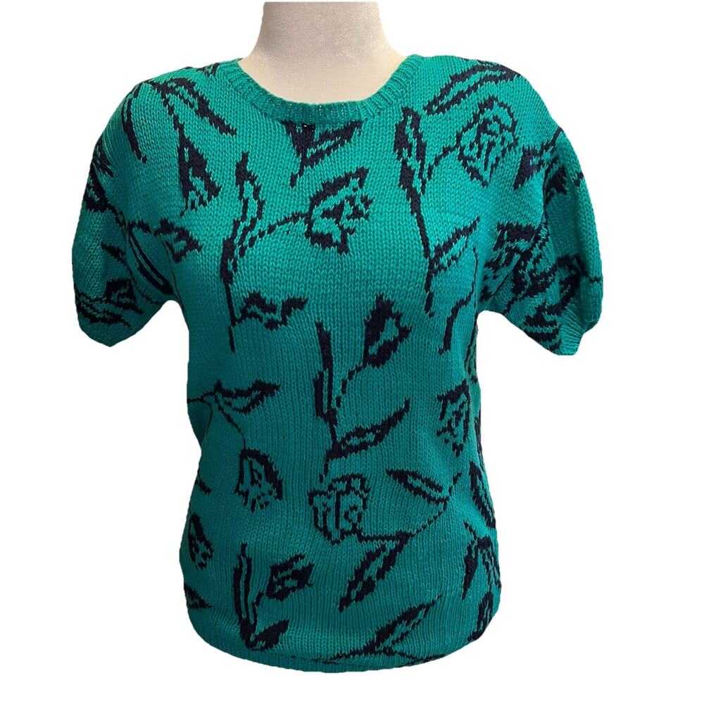 Cambridge Spirit Sweater Vtg S Pullover Teal Floral Short Slv Shoulder Pads 80's